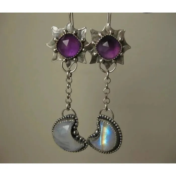Retro Bohemian Sunflower Crescent Pendant Earrings Zinc Alloy for Women