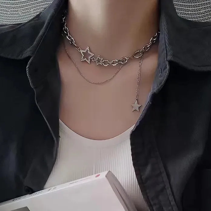 Y2K Zinc Alloy Star Zircon Pendant Necklace Women Punk Clavicle Chain