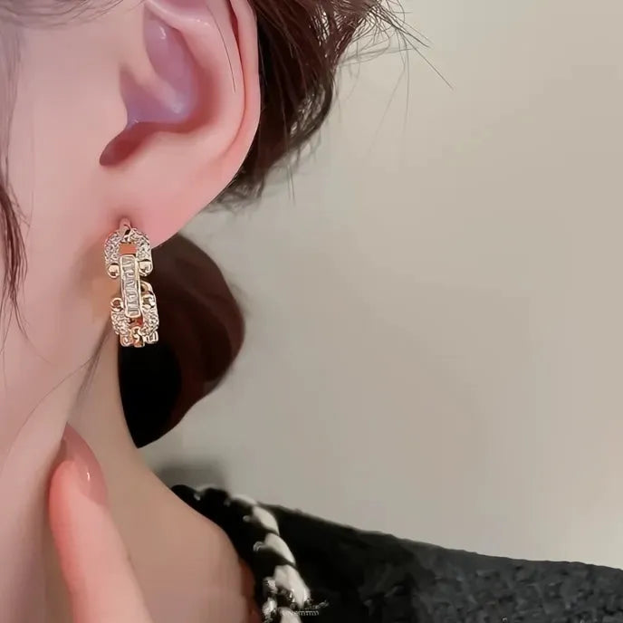 Chain Link Geometric Hoop Earrings for Women Girls, Copper Alloy CZ Silver Gold
