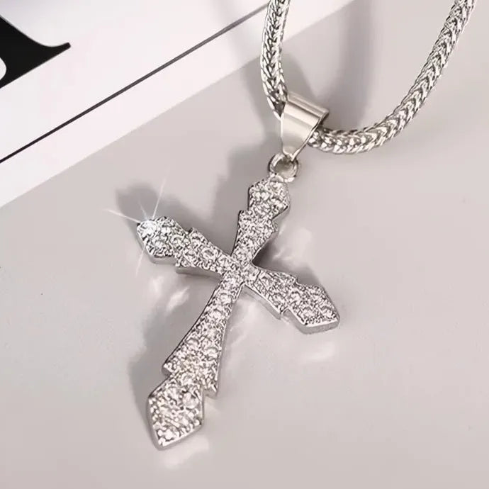 Women Silver Cross Pendant Necklace CZ Shining Party Jewelry Copper Alloy