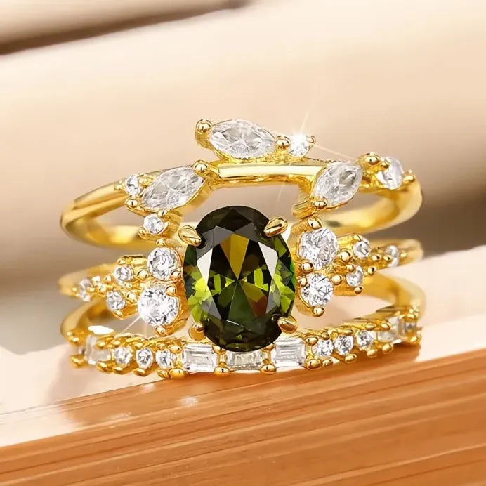 Oval Olive Leaf CZ Bridal Ring Set for Women Wedding Party Brass Jewelry