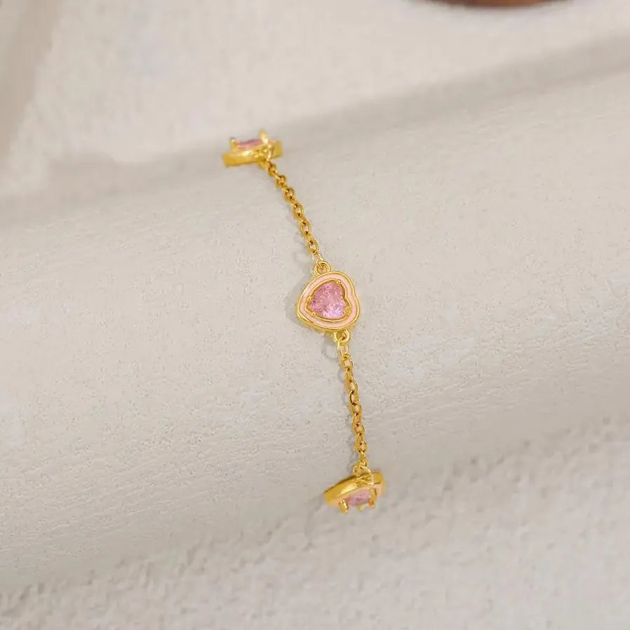 French Luxury Pink CZ Zircon Heart Bracelet PVD Stainless Steel Jewelry Gift