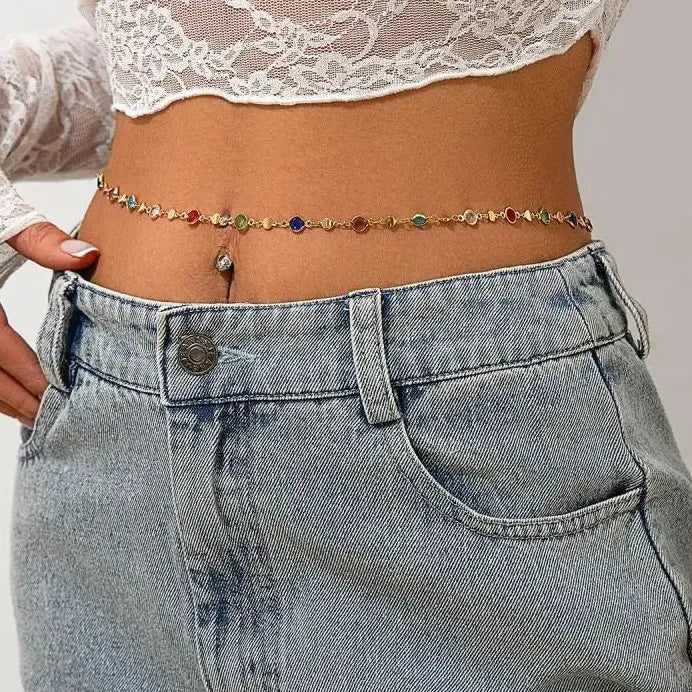 Zinc Alloy Colored Glass Crystal Waist Chain for Women Punk Bikini Jewelry Y2K