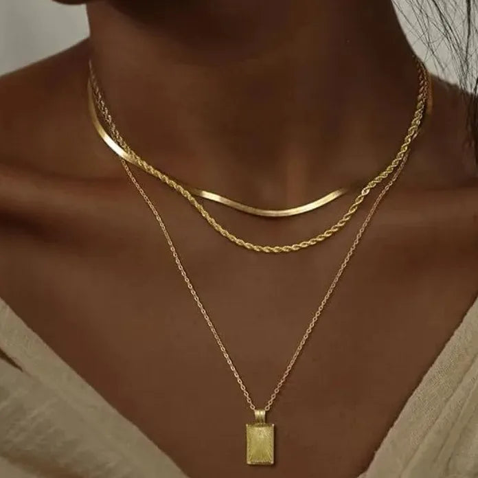 Three Layer Stainless Steel Chain Necklace for Women Square Pendant Choker Geometric Design