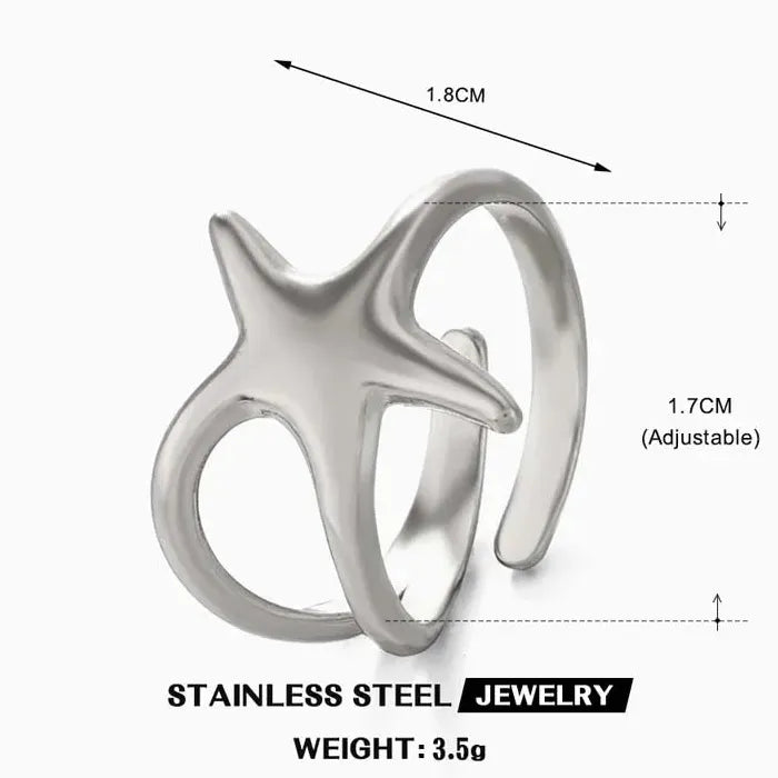 Adjustable Stainless Steel Gold Starfish Ring Vintage Beach Jewelry Women