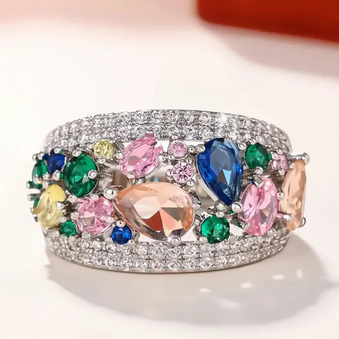 Rainbow Cubic Zirconia Brass Rings for Women Wedding Accessories Luxury Party Jewelry 2023