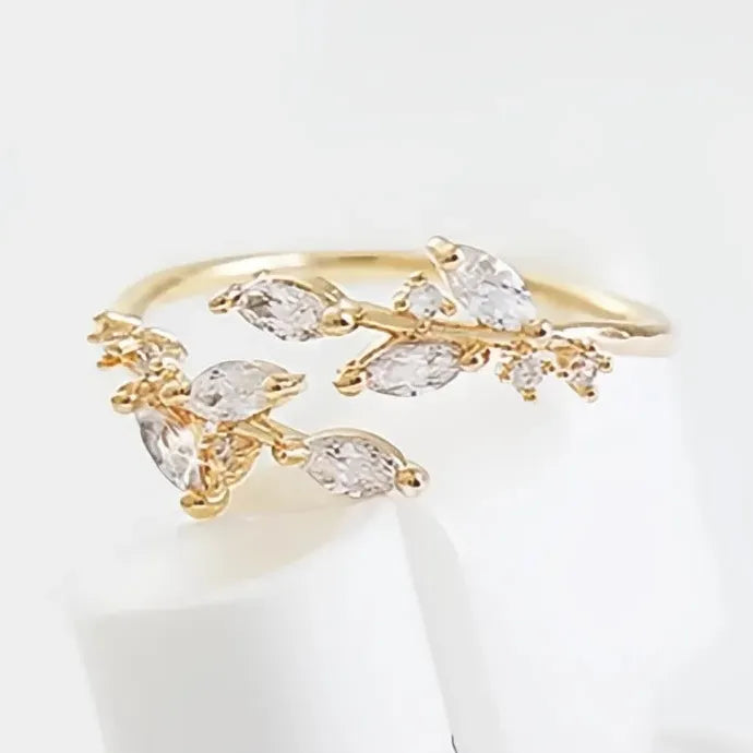 Women’s Wedding Ring Branch Leaves Opening 3 Metal Colors Brass CZ Band