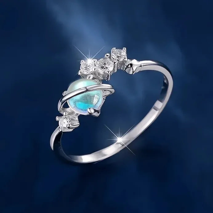 Romantic Planet Brass Wedding Band with Imitation Moonstone & CZ Ring