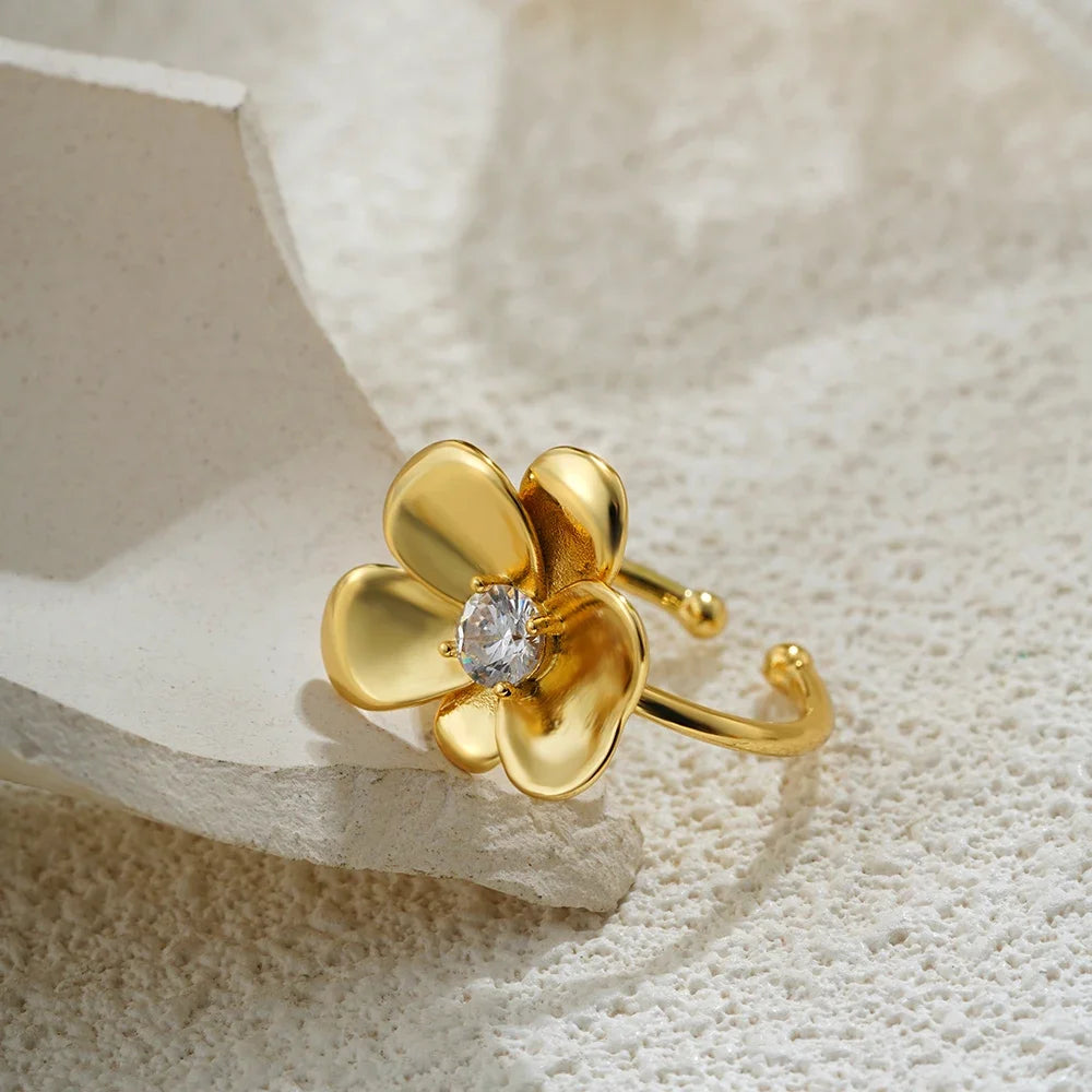 18K Gold Plated Stainless Steel Flower Zircon Petal Ring for Women Wedding Jewelry