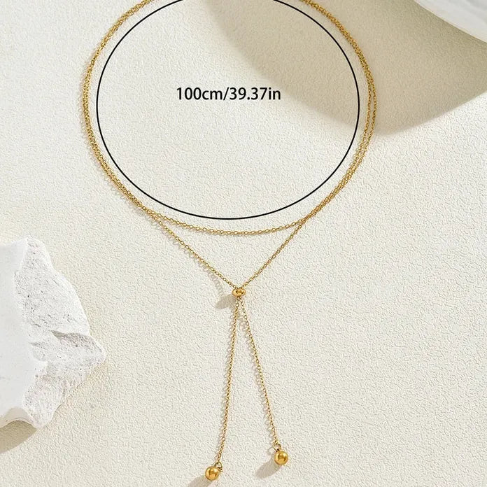 Luxury Metal Double-Layer Beads Pendant Y-Shaped Necklace for Women