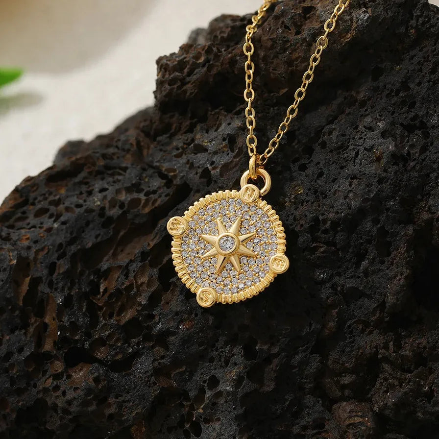 Personality Thick Star Circle Pendant Necklace Stainless Steel CZ Jewelry Gift