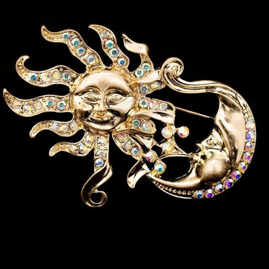 Antique Matte Gold Sun Moon Cameo Brooch Classic Jewelry Gift Unisex