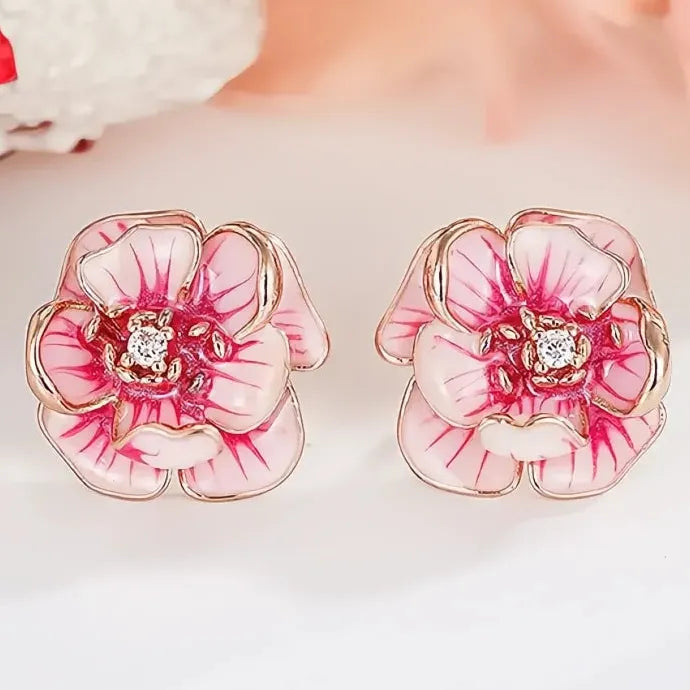 Pink Flower Geometric Copper Alloy CZ Stud Earrings Women Party Wedding Jewelry