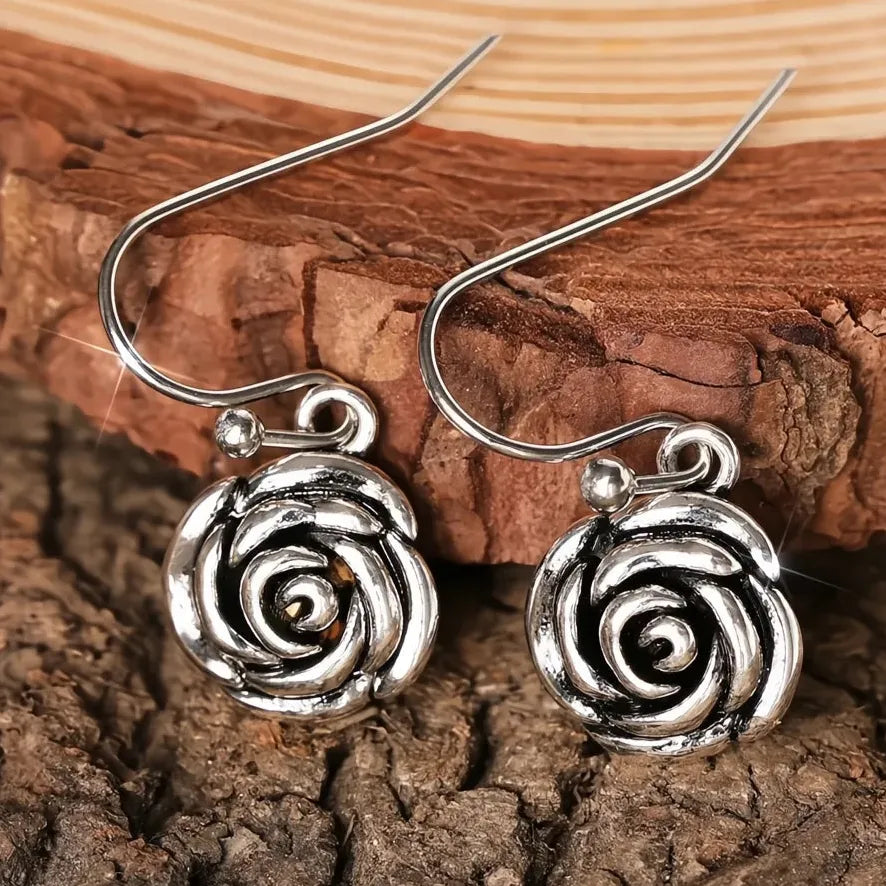 Vintage Silver Rose Drop Earrings Copper Alloy Jewelry Gift for Women