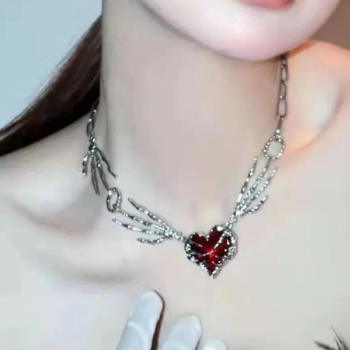 Gothic Red Crystal Heart Pendant Necklace Y2K Fashion Jewelry Accessory
