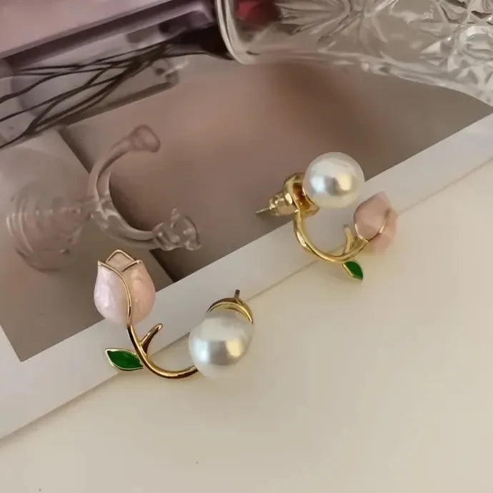 Pink Rose Geometric Stud Earrings with Simulated Pearl Copper Alloy Jewelry