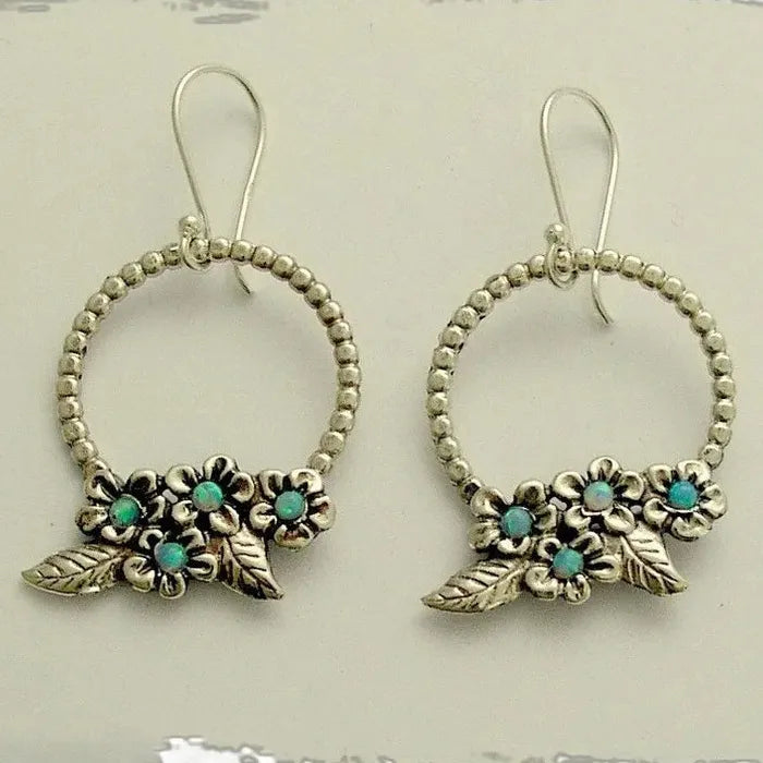 Vintage Zinc Alloy Carved Flower Drop Earrings with Colorful Gemstone Pendants for Women