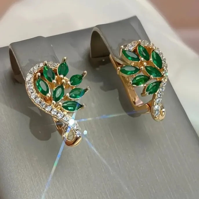 Women Copper Alloy Hoop Earrings with Leaf Design and Green Cubic Zirconia