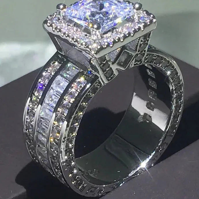 Elegant Shiny Halo Zinc Alloy Ring Square Cut Zircon Wedding Engagement Gift