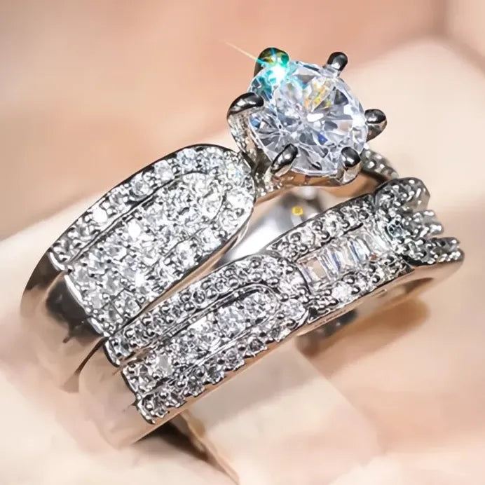 Elegant Luxury Women Cubic Zirconia Bridal Wedding Ring Set
