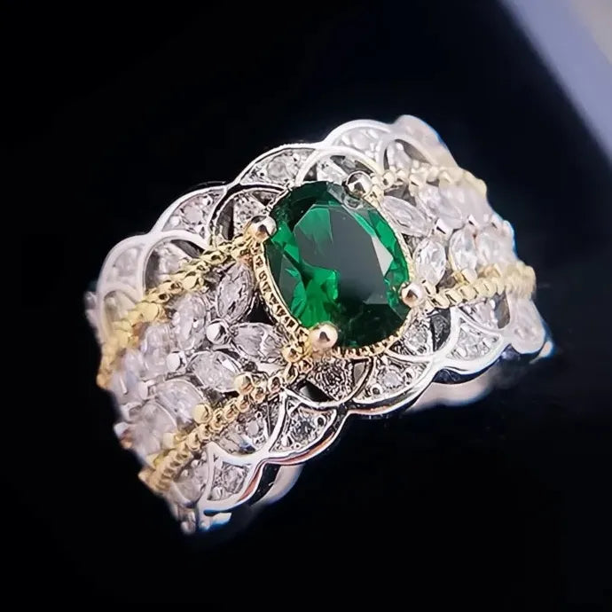 Resizable Two Tone Green Cubic Zirconia Brass Ring for Women Wedding Party