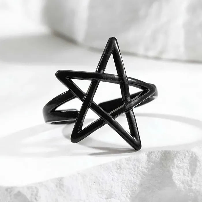 Adjustable Black Pentagram Star Ring Stainless Steel Fashion Jewelry Gift