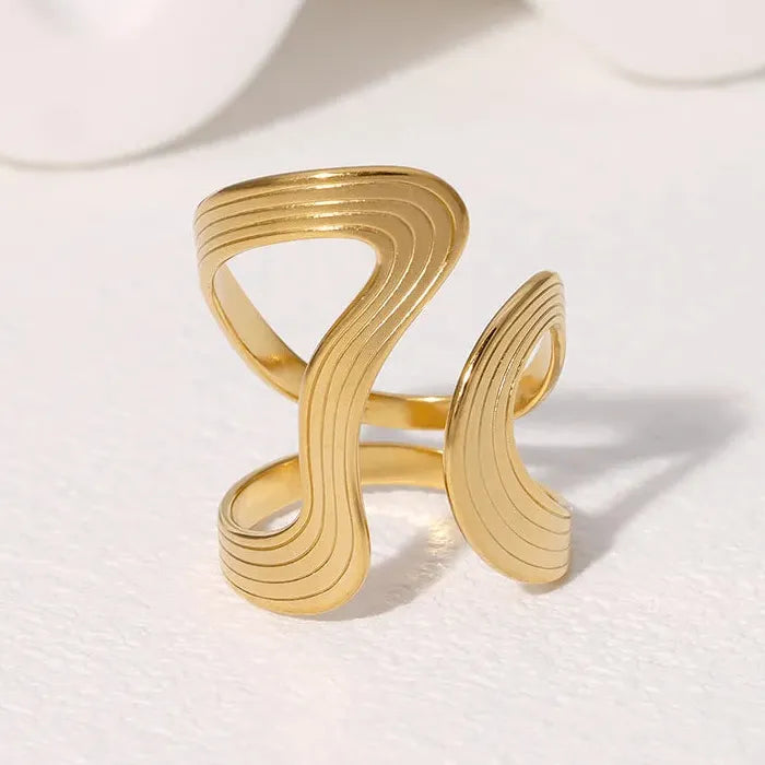 Adjustable Stainless Steel Gold Wave Ring for Women Men Geometric Jewelry