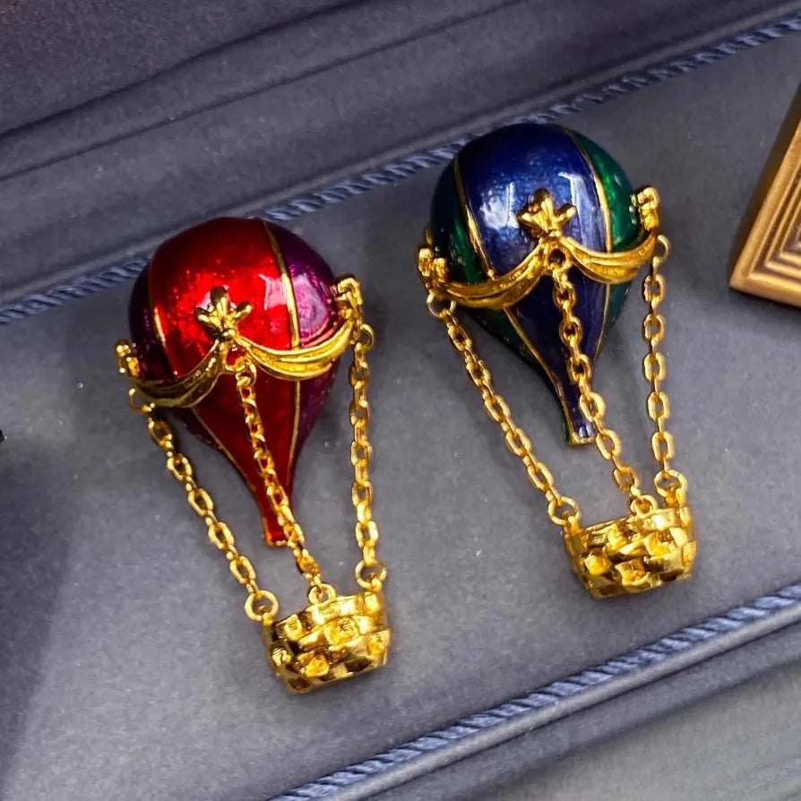 Vintage Luxury Red Blue Hot Air Balloon Brooch Pin for Women