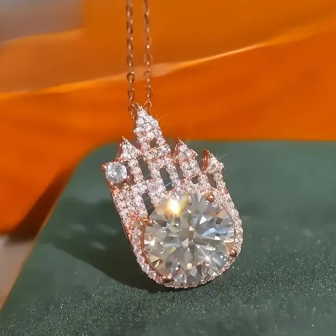 Castle Design Rose Gold Geometric Pendant Necklace with Cubic Zirconia Gems