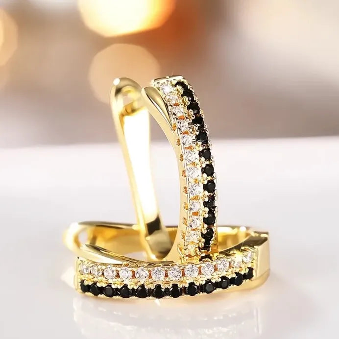 Gold Geometric Hoop Earrings for Women with White & Black Cubic Zirconia