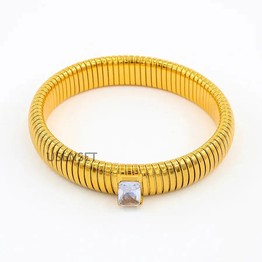 Hip Hop 18K Gold Plated Stainless Steel Wide Cuff Bracelet Crystal Bangle Jewelry