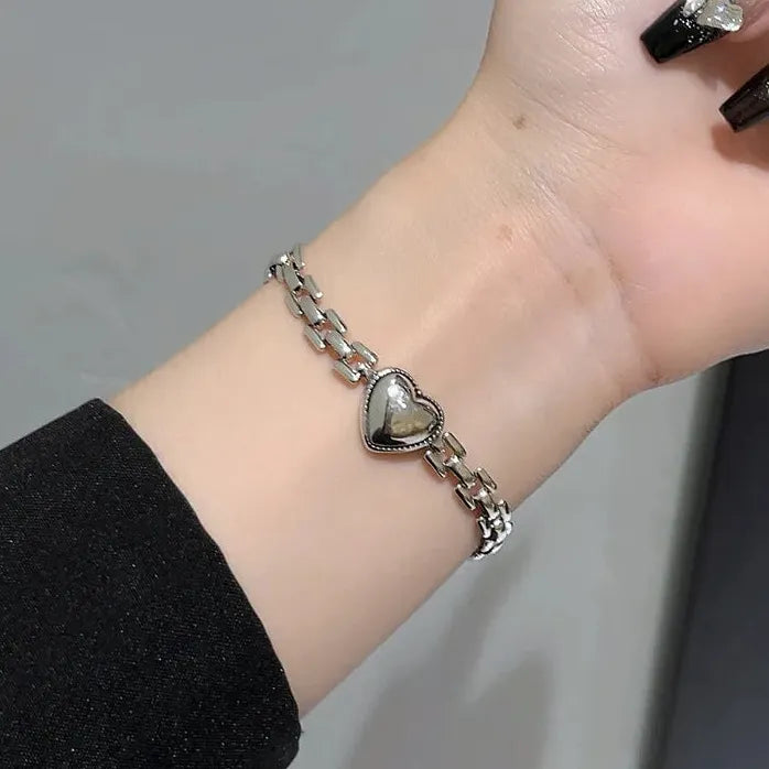Stainless Steel Heart Charm Bracelet Thick Chain Punk Hip Hop Jewelry Women