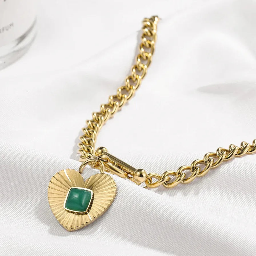 Vintage Green Crystal Heart Choker Necklace for Women Stainless Steel Chain