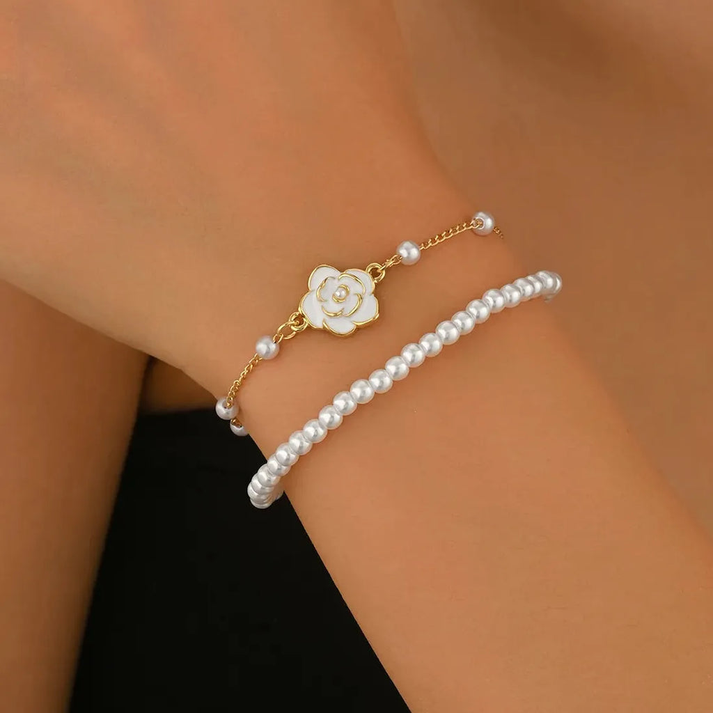 Vintage Double Layer Imitation Pearl Bracelet Featuring White Camellia Flower for Women