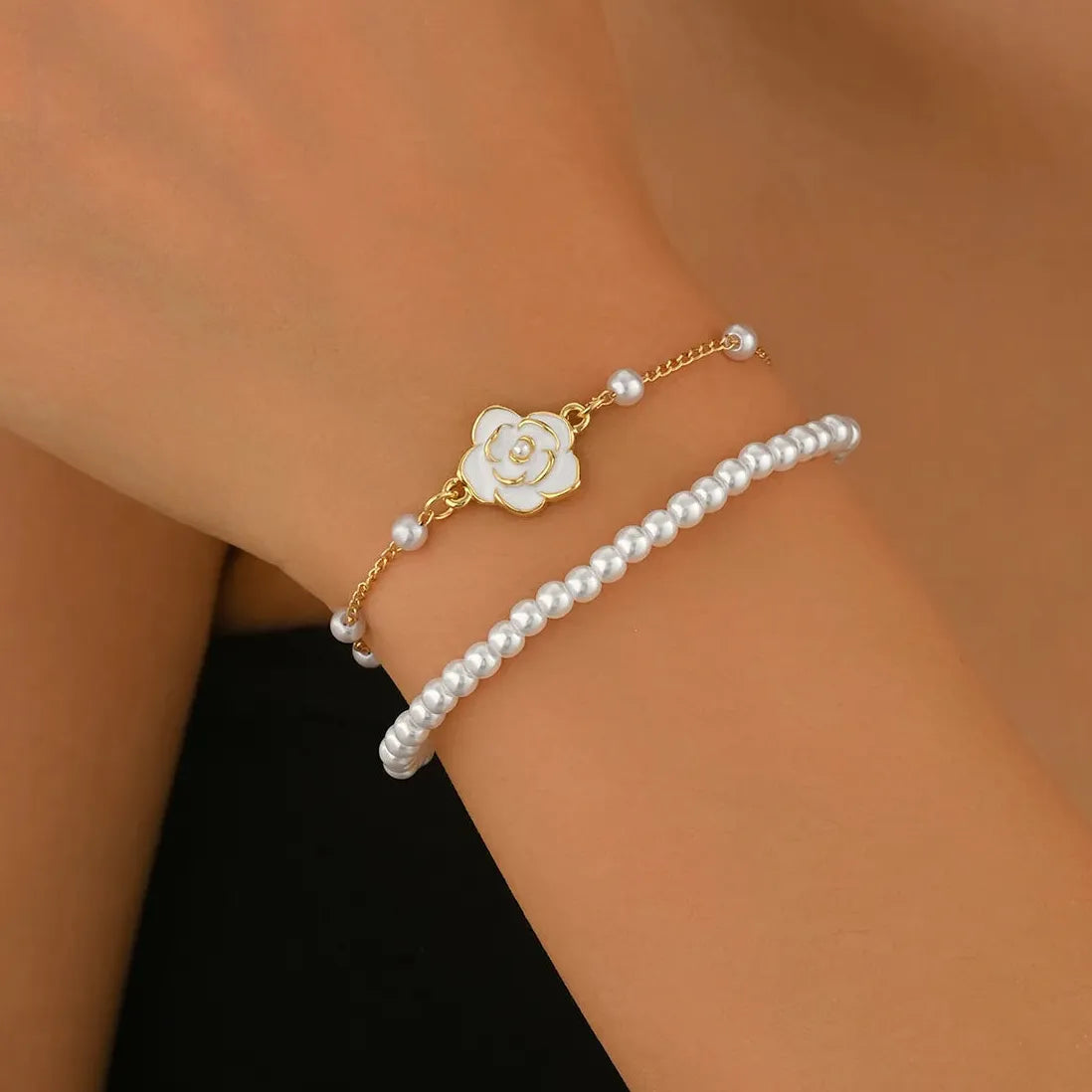 Vintage Double Layer Imitation Pearl Bracelet Featuring White Camellia Flower for Women