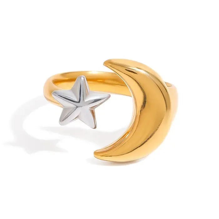 Adjustable Stainless Steel Gold Star Moon Ring for Women Celestial Gift
