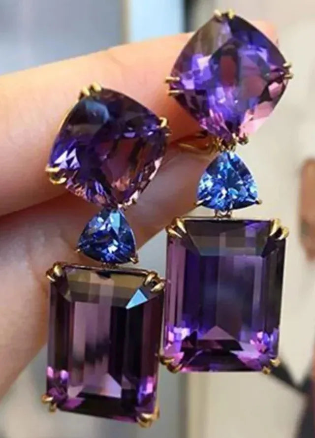 Double Drop Purple Square Zircon Earrings for Women, Fashion Jewelry