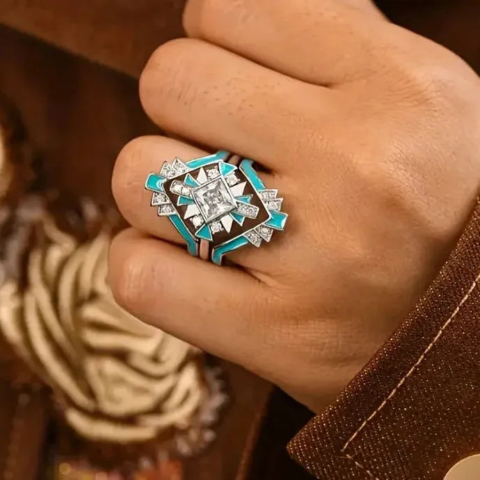 Luxury Bohemian Women's 3-Piece Blue Epoxy Resin Ring Zinc Alloy Jewelry