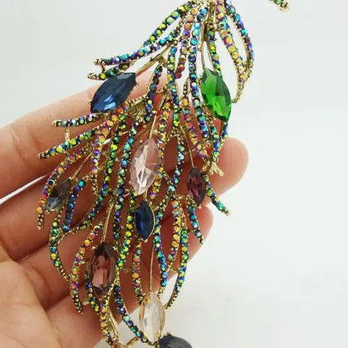 Retro Long Feather Brooch Pin Multi-Color Rhinestone Crystal Jewelry Gift