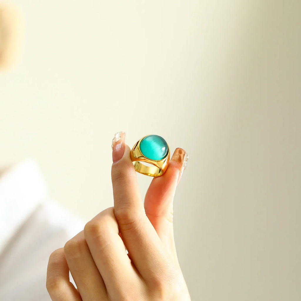 18K Gold Plated Stainless Steel Opal Cat's Eye Chunky Knuckle Ring Vintage Multicolor