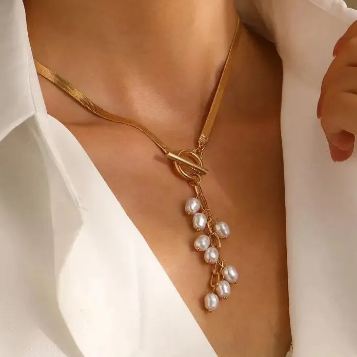 Stainless Steel Snake Bone Necklace Long Tassel Pearl Jewelry Gift