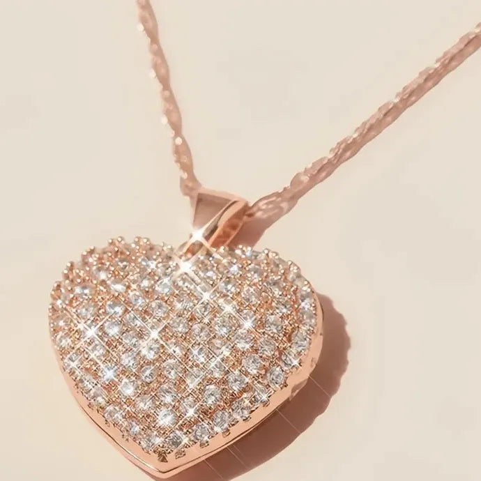 Rose Gold Heart Necklace with CZ Stones Geometric Pendant Wedding Gift