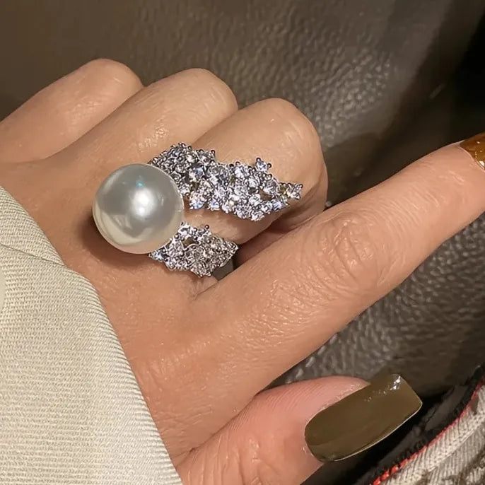Simulated Pearl Wedding Ring with Zirconia Brass Luxury Jewelry for Women