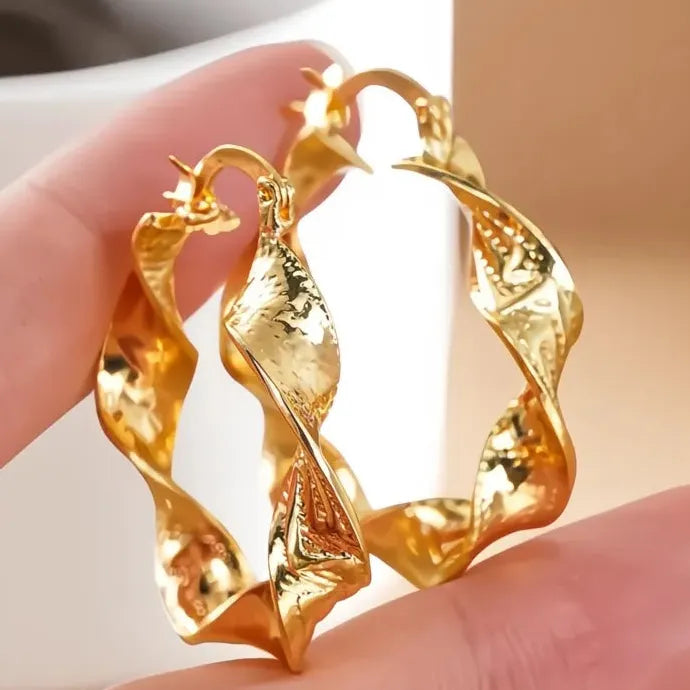 Chunky Twisted Textured Gold Hoop Earrings for Women Brass Alloy