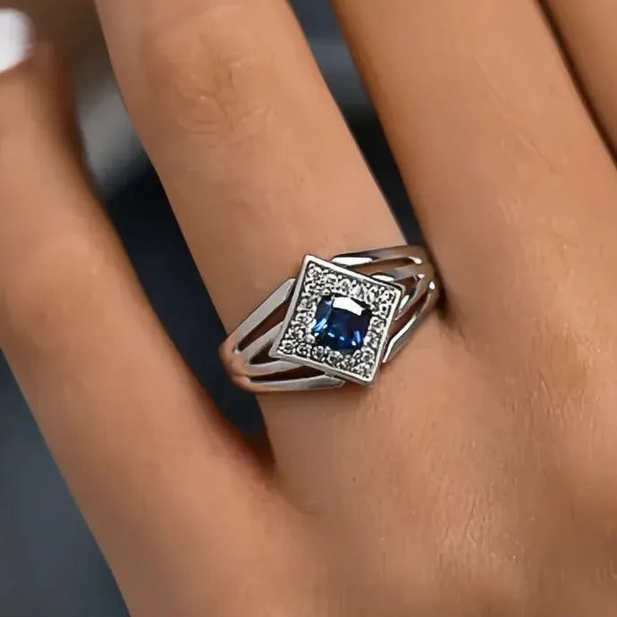 Women’s Silver Geometric Ring with Blue Cubic Zirconia Wedding Band Jewelry