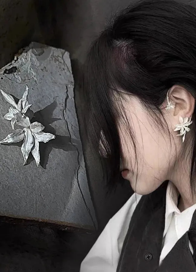 Vintage White Lily Copper Earrings Retro Plant Studs Jewelry Gift for Women