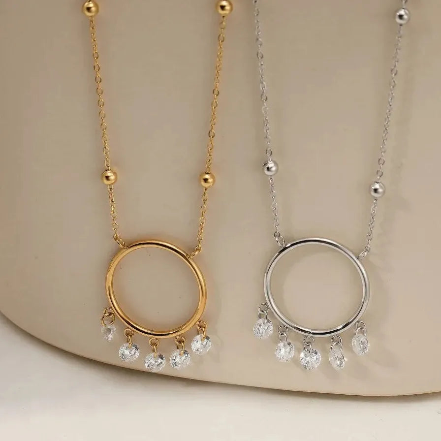 Minimalist Big Circle Zircon Pendant Necklace 18K Gold Plated Crystal Choker Waterproof Jewelry