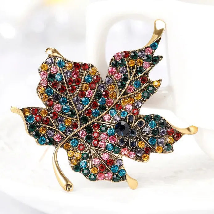Vintage Multi-Color Rhinestone Crystal Maple Leaf Brooch Pin for Women