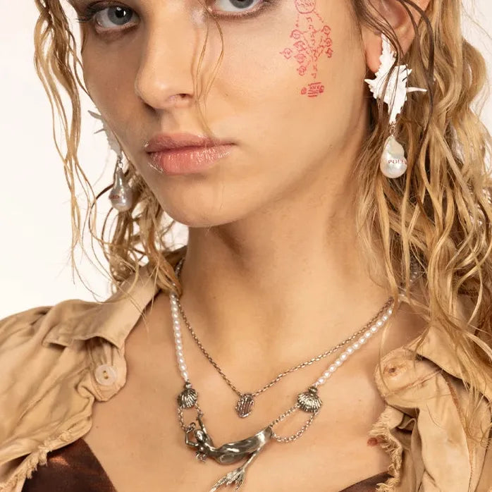 Women's Copper Mermaid Pendant Necklace Featuring Double Chains & Freshwater Pearl Drop