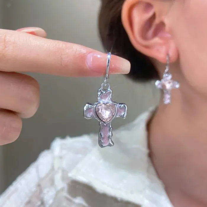 Vintage Punk Zinc Alloy Pink Crystal Cross Hoop Earrings Y2K Party